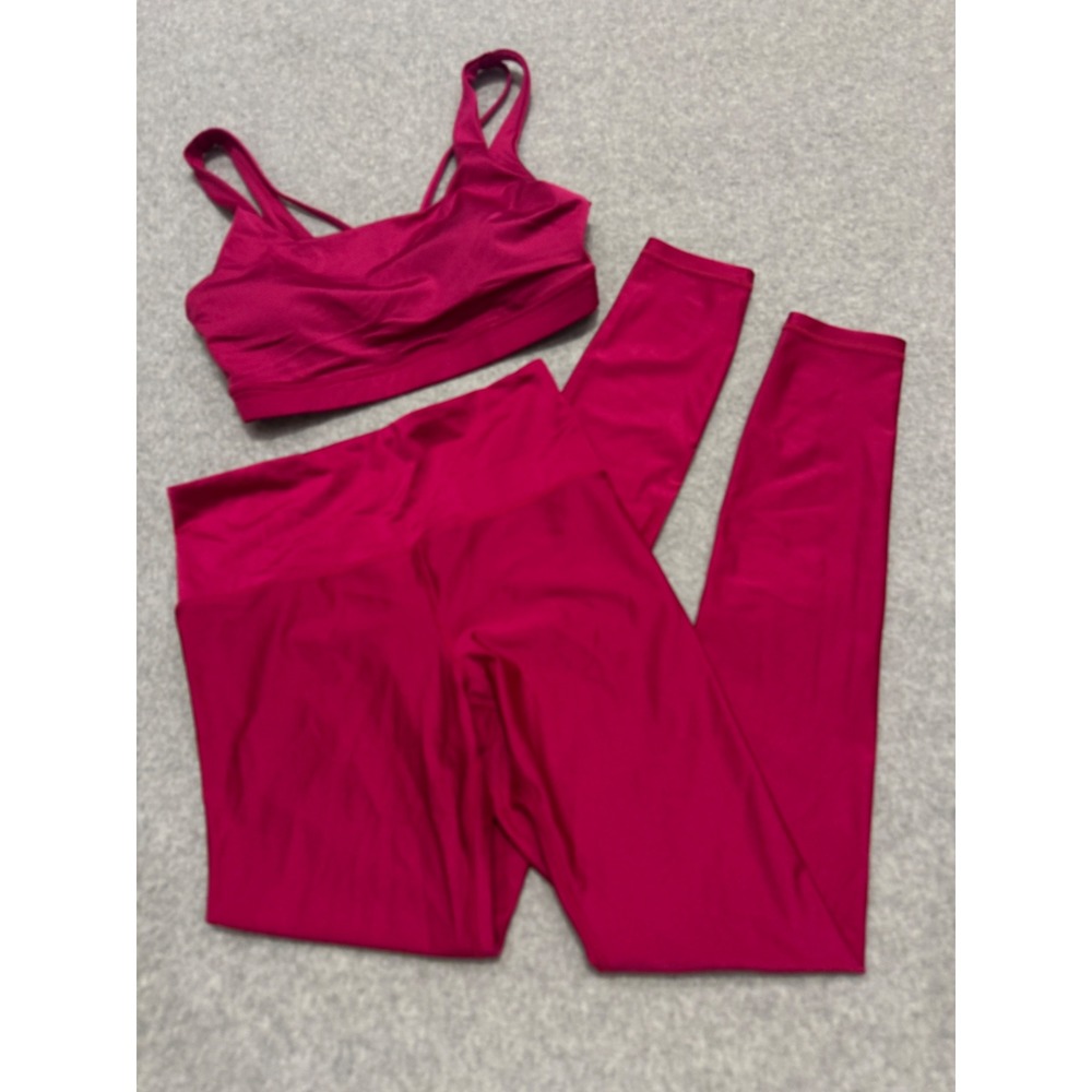 Athleta Elation Shine Tight Legging and Strappy Bra Set Magenta Pink Medium Tall
